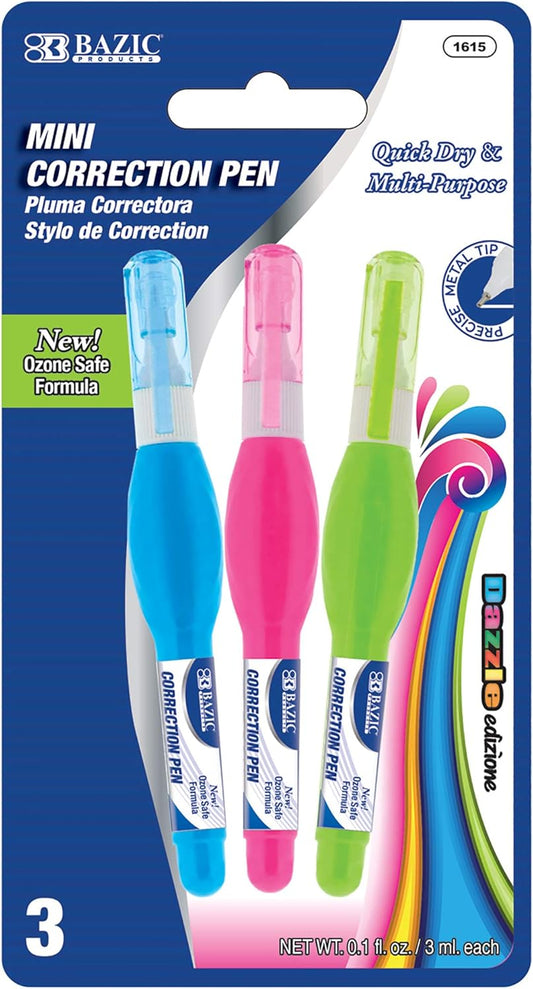 BAZIC PRODUCTS Mini Correction Pen - Corrections Fluid, Precise Metal Tip White Out, Ideal for School & Office Supplies, Alternative to Correction Solution, 3/Pack, 2-Packs