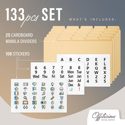 25 Heavyweight Manila Index Card Box Dividers - 3x5 with Tabs & 108 Stickers, Monthly & Recipe Guides, Greeting Card Dividers