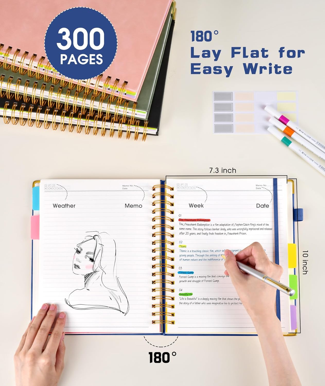 Hardcover Spiral Notebook Journal with Removable Dividers Tabs, 300 Pages Leather 5 Subject Notebook College Ruled, 8"x10" Large B5 Notebooks for Work School Note taking, Lined Journal for Women, Pink