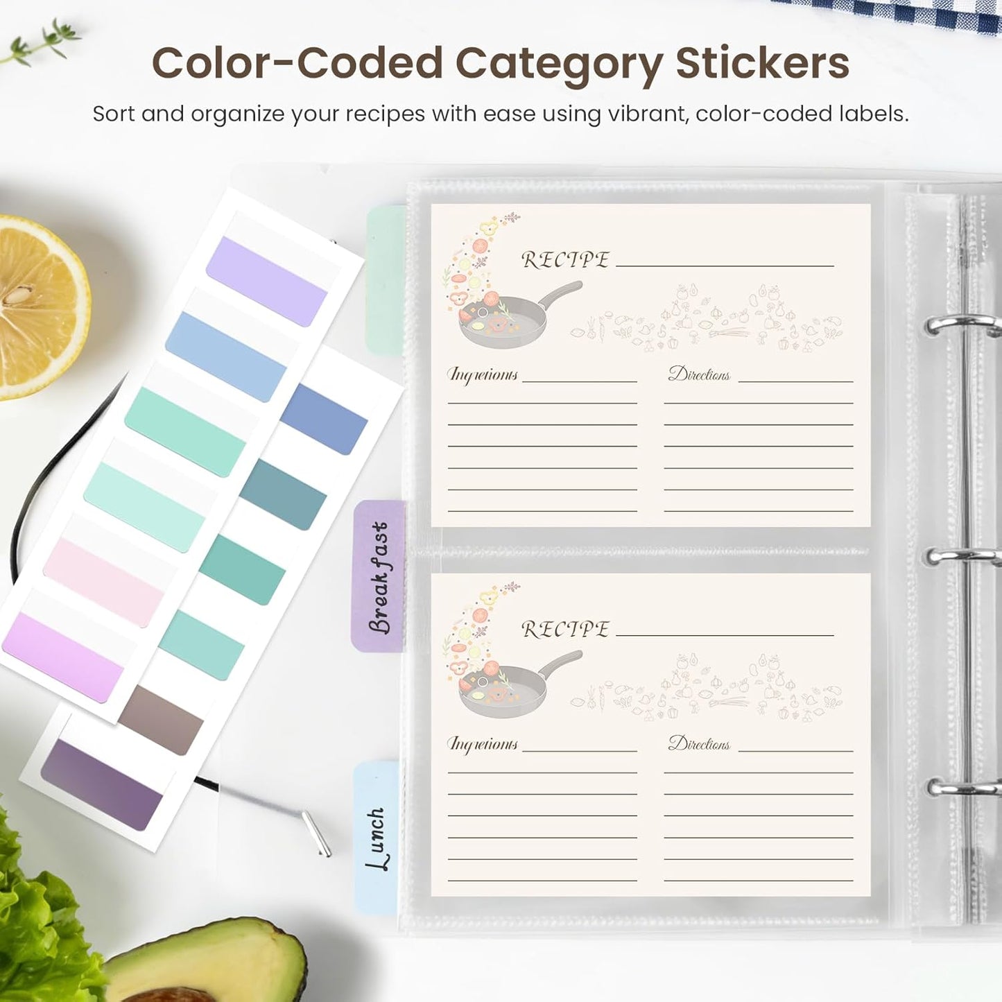 50 Pack Recipe Card Page Protectors, 4x6 Inch Recipe Card Sleeves, Sheet Protectors for 3 Ring Binder 8.5x9.5 Inch, 2 Pockets Per Page, Recipes Binder Refill Pages with 12 Tab Stickers