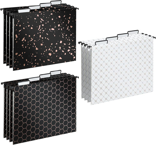Y YOMA 12 Pack Rose Gold Hanging File Folders Letter Size Decorative File Folder Cute Pretty Hanging Folder Organizer for Filing Cabinet Office Home with 1/5-Cut Adjustable Tabs, 3 Gold Foil Design