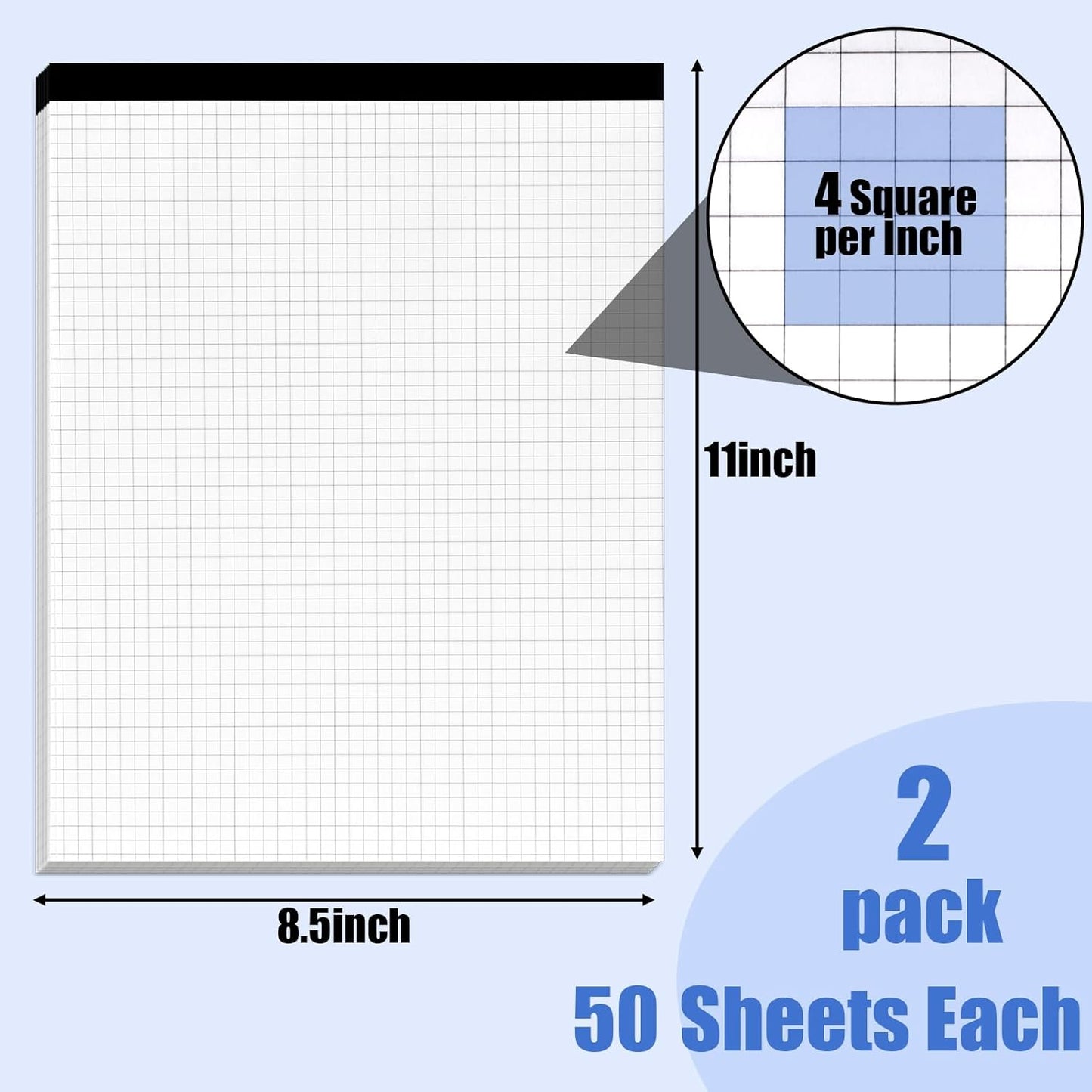 BOOKNOW 2-Pack 8.5" x 11" White 4x4 Quad Ruled Graph Paper Pads, 50 Sheets per Pad, for Office, School, Drawing, Math, Drafting, and Engineering