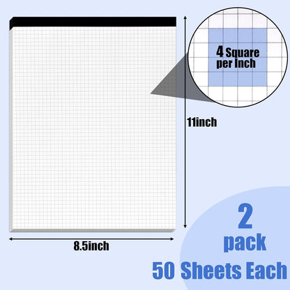 BOOKNOW 2-Pack 8.5" x 11" White 4x4 Quad Ruled Graph Paper Pads, 50 Sheets per Pad, for Office, School, Drawing, Math, Drafting, and Engineering
