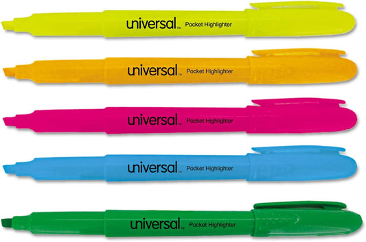 Universal Pocket Highlighters, Assorted Ink Colors, Chisel Tip, Assorted Barrel Colors, 5/set