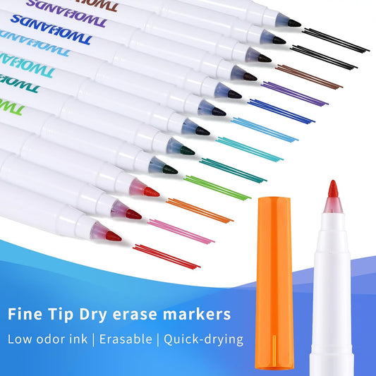 TWOHANDS Dry Erase Markers Ultra Fine Tip,0.7mm,Low Odor,Extra Fine Point,11 Assorted Colors,Whiteboard Markers for Office,Home,or Planning Whiteboard,12 Count,20529