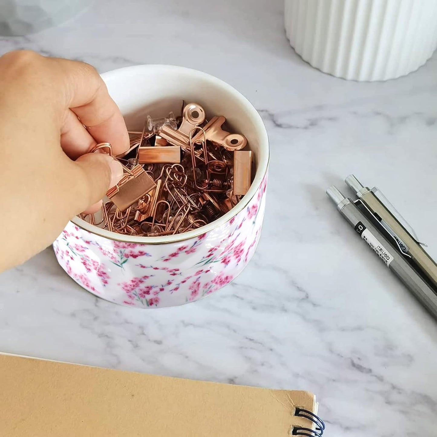 Paper Clip Holder Ceramic Paper Clip Holders Garden Floral Paperclips Holder Dispenser Cute Gold Line Paper Clip Organizer for Desk Binder Clip Holder Bobby Pin Hair Gift for Office Mint Flowers