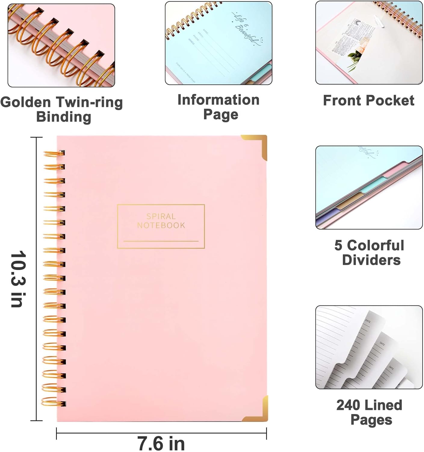 Hardcover Spiral Notebook with Tabs 8"x10" Large Spiral Lined Journals for Women with Dividers 240 Pages College Ruled Composition Notebook 5 Subject Notebook for Work, Back to School, Gifts, Purple