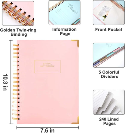 Hardcover Spiral Notebook with Tabs 8"x10" Large Spiral Lined Journals for Women with Dividers 240 Pages College Ruled Composition Notebook 5 Subject Notebook for Work, Back to School, Gifts, Purple