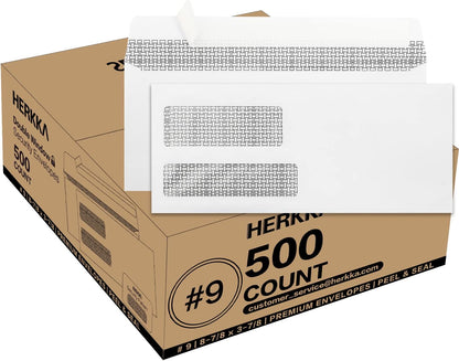 #9 Double Window Security Envelopes, HERKKA No.9 Double Window Business Envelopes Designed for Quickbooks Invoices and Business Statements - Number 9 Size 3 7/8 Inch X 8 7/8 Inch - 24 LB - 500 Pack