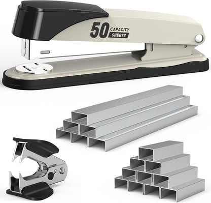 Metal Stapler Heavy Duty 50 Sheet Capacity with 1750 Staples and Staple Remover, Full Strip Staplers for Desk, No Jam, Non-Slip for Office & Classroom, Black