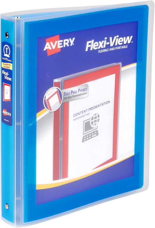 Avery Flexi-View 3 Ring Binder, 1 Inch Round Rings, 1 Blue Binder (17607)