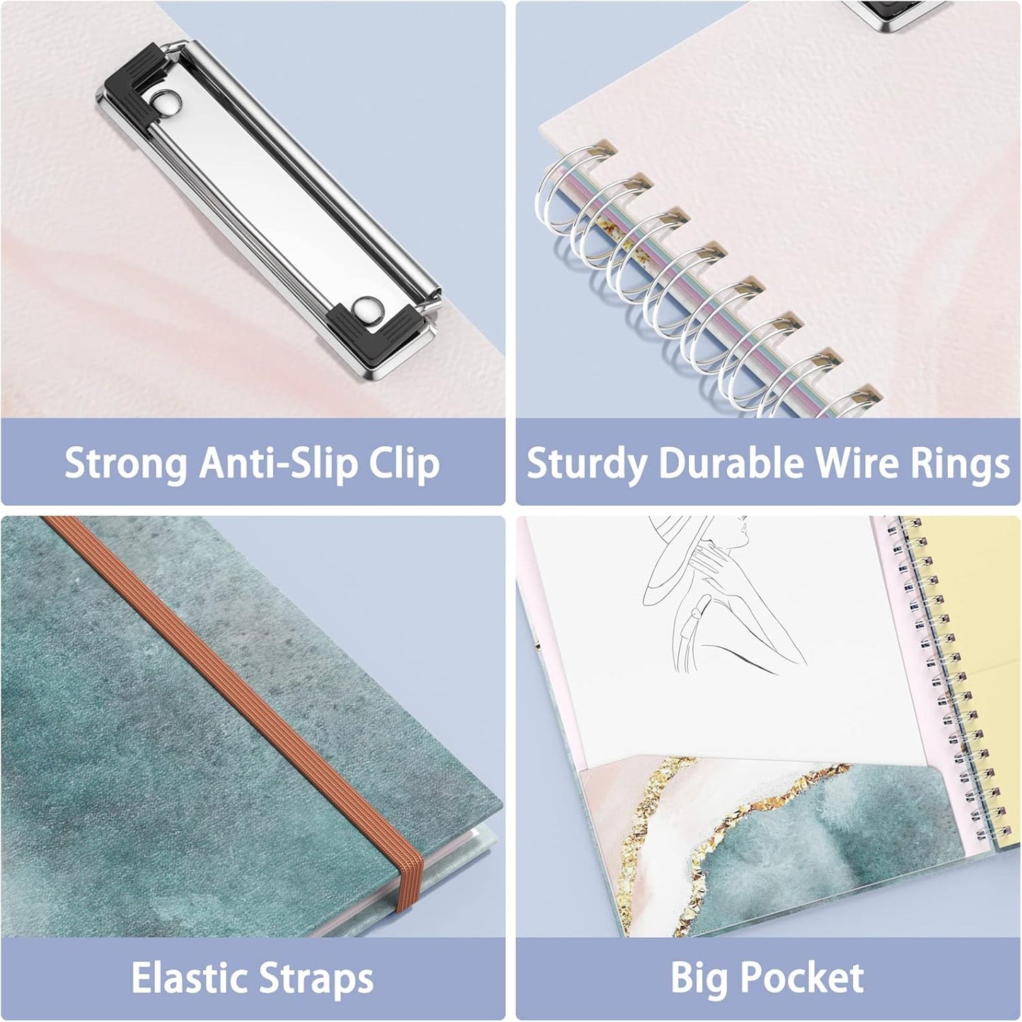 Rimilak Spiral Clipboards Folio with Refillable Lined Notepad, 14.5 x 9.8 In, Hardcover Cover with 5 Interior Pockets, Elastic Band and Pen Loop Series. Cute Stylish Clipfolio, Daisy Flower