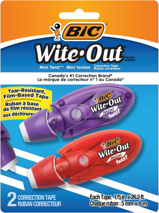 BIC Wite-Out Brand Mini Twist Correction Tape, 26.2 Feet, 2-Count Pack of white Correction Tape, Fast, Clean and Easy to Use Tear-Resistant Tape Office or School Supplies