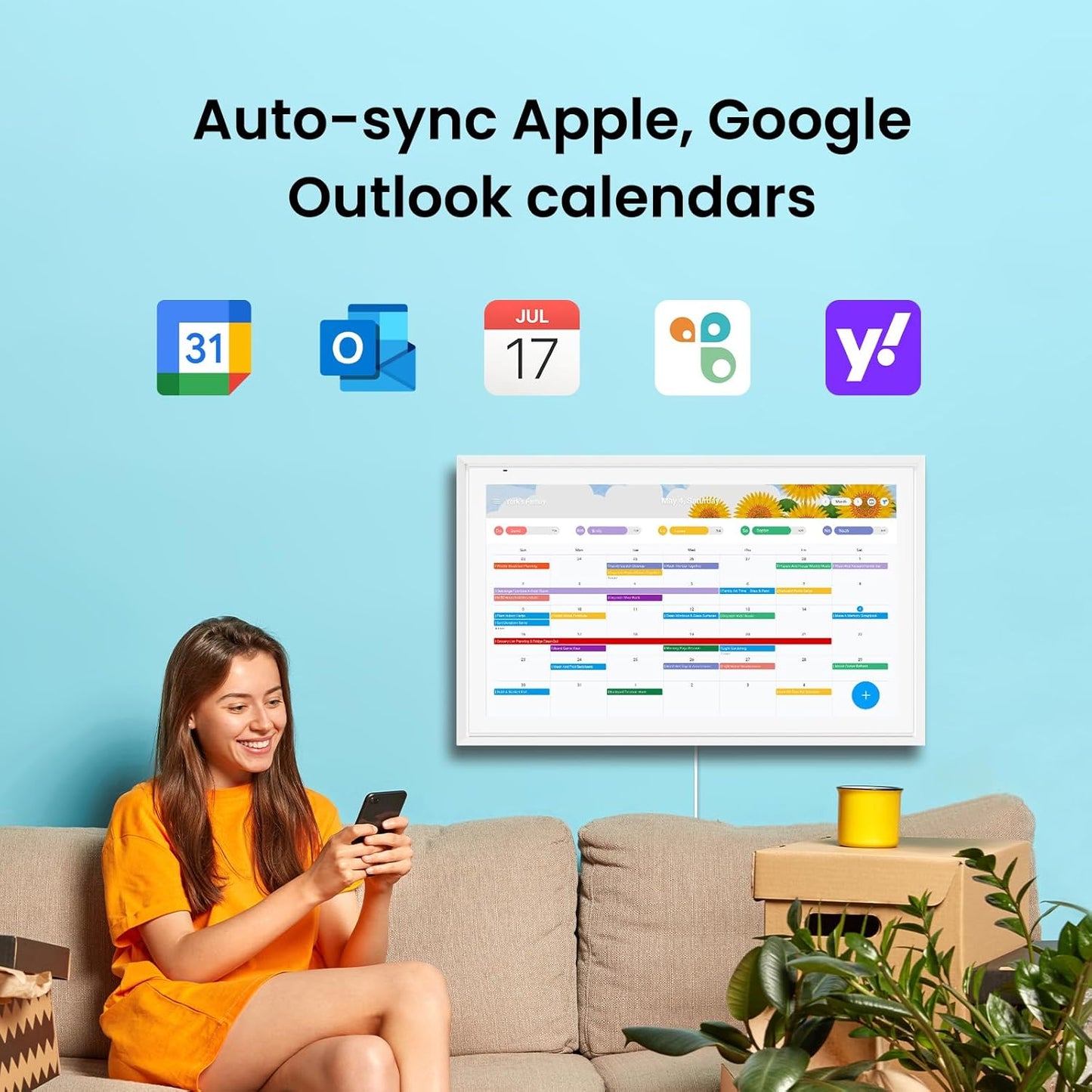Apolosign 21.5-inch Digital Calendar : Dual Mode Smart Wall Planner, No Subscription, Install Apps, Sync Calendars, Electronic Touchscreen Interactive Display for Family Schedules, Chore Chart (Teak)
