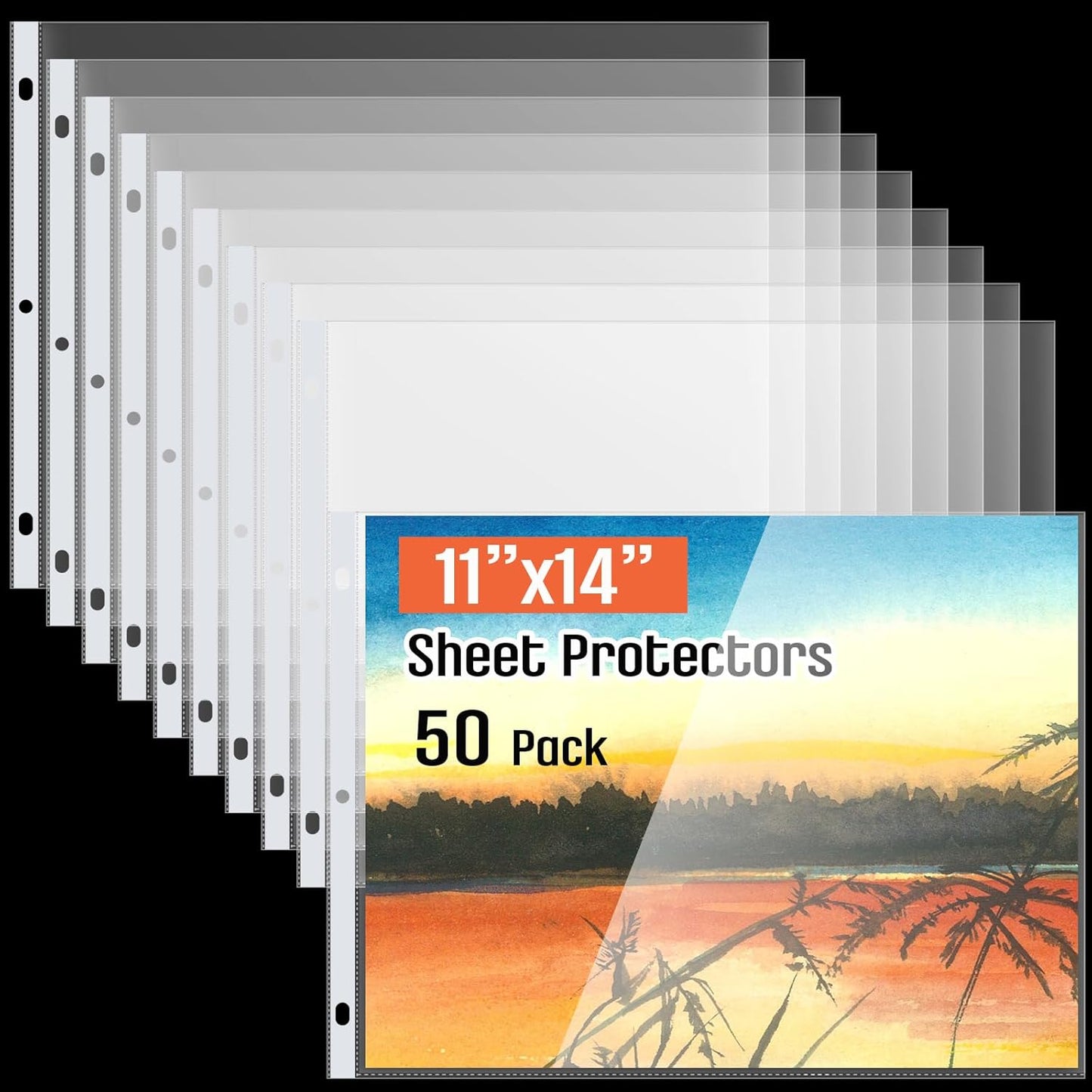 Gilprop 50 Pack 11 x 14 Inch Sheet Protectors, Heavyweight Landscape Sleeves 11 x 14 Ledger Size Clear Plastic Binder Sleeves, 3 Hole Punched Fits 3 Ring Binders