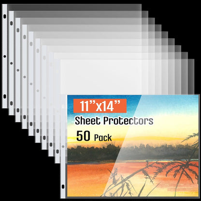 Gilprop 50 Pack 11 x 14 Inch Sheet Protectors, Heavyweight Landscape Sleeves 11 x 14 Ledger Size Clear Plastic Binder Sleeves, 3 Hole Punched Fits 3 Ring Binders