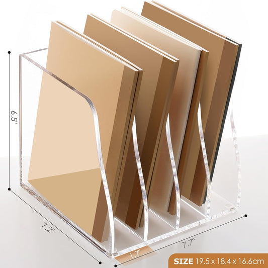 SANRUI Acrylic Desk File Organizer, 4 Vertical Compartments Clear Magazine File Holder Workspace Sorters, Folder Rack for Office Accessories Organization Storage