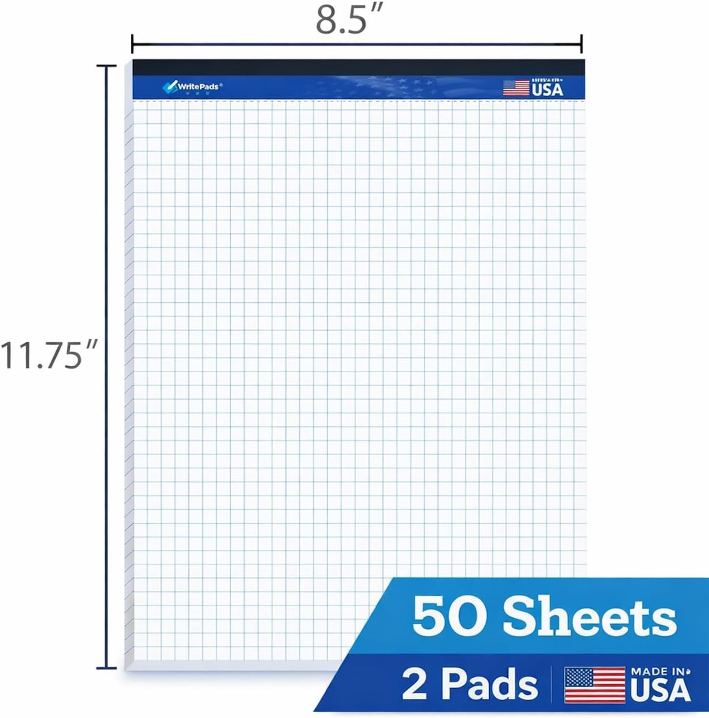 Graph Paper Pads 8.5 x 11, 4x4 Quad Ruled Graph Paper, 2 Pack, 50 Sheets Per Pad, White Graphing Paper Notebook with Sturdy Back & Micro-Perforated Pages, Made in USA, for School, Math, Drafting & Office