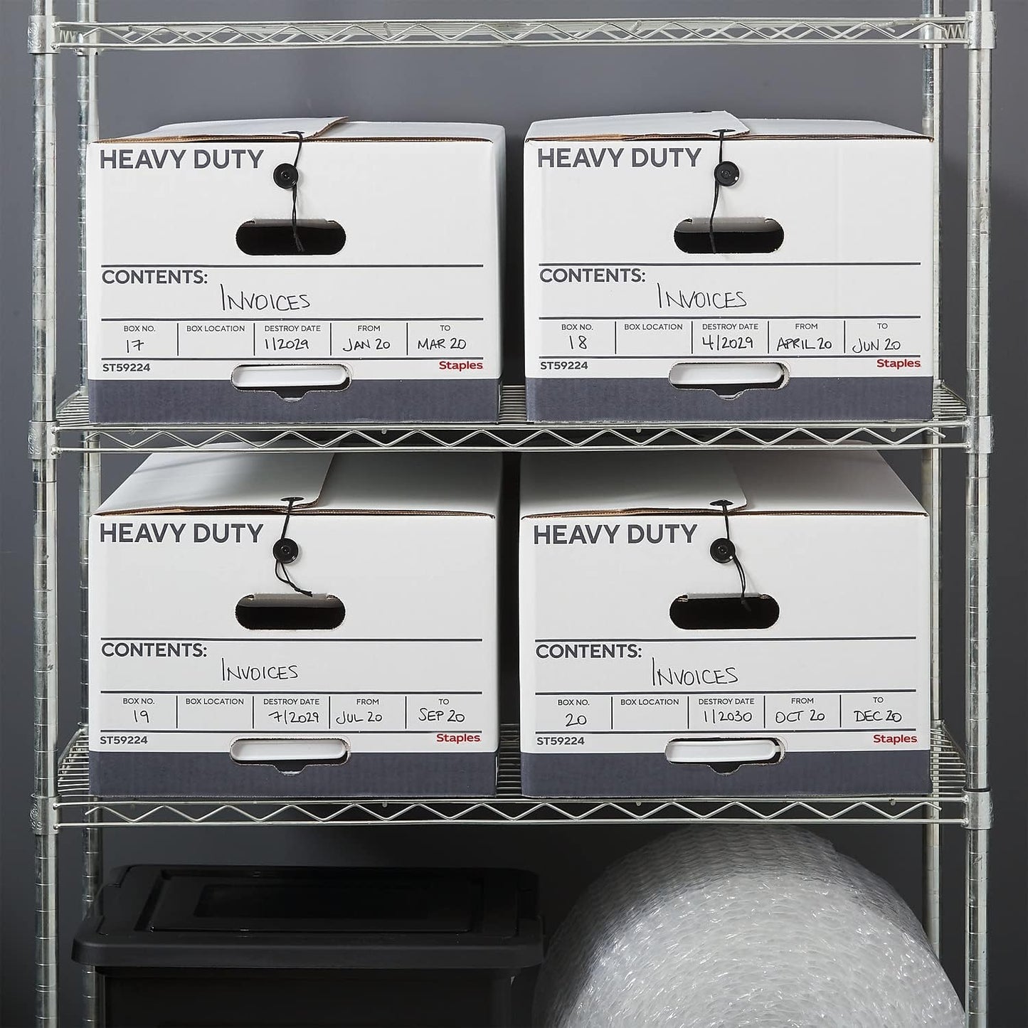 STAPLES Storage & Filing Box, Heavy-Duty with Handles & String-Button Lid, Letter Size Documents, Stackable, 4-Pack, White/Gray