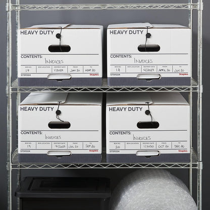 STAPLES Storage & Filing Box, Heavy-Duty with Handles & String-Button Lid, Letter Size Documents, Stackable, 4-Pack, White/Gray