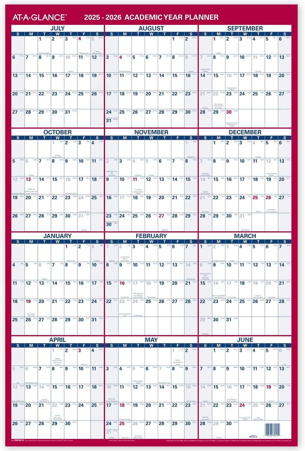 AT-A-GLANCE Dry Erase Calendar 2026-2027 Academic & Regular Year Wall Planner, 12-Month, 24" x 36", Double Sided, Vertical (PM210S28)