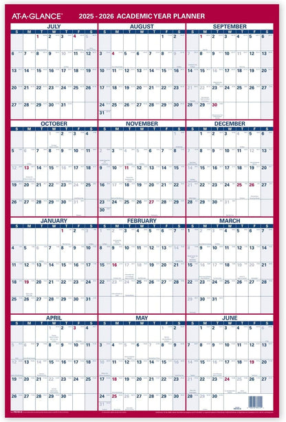 AT-A-GLANCE Dry Erase Calendar 2026-2027 Academic & Regular Year Wall Planner, 12-Month, 24" x 36", Double Sided, Vertical (PM210S28)