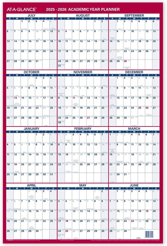 AT-A-GLANCE Dry Erase Calendar 2026-2027 Academic & Regular Year Wall Planner, 12-Month, 24" x 36", Double Sided, Vertical (PM210S28)