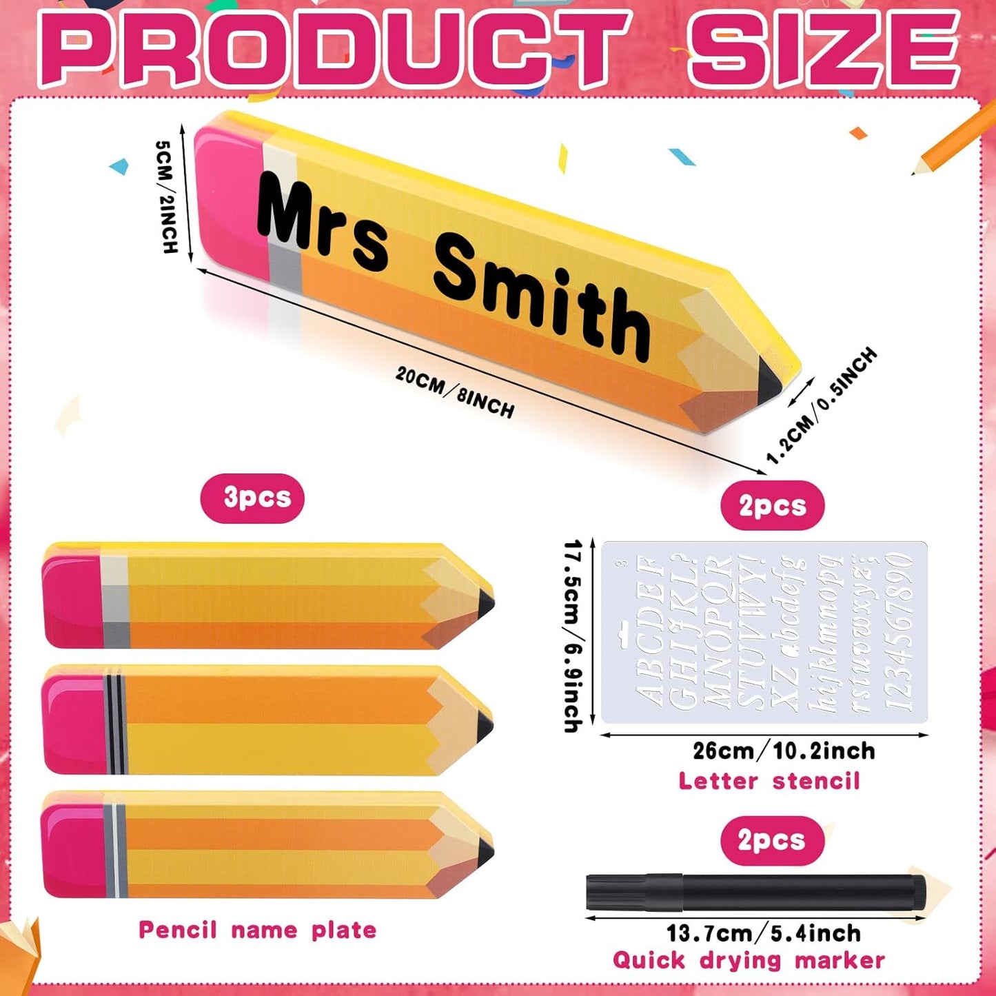 Faccito 3 Pcs Personalized Pencil Desk Name Plate with 2 Markers and 2 Letter Template Teacher Desk Name Plate for Kids Christmas End of Year Last or First Day Gifts School Desk School Office Supplies