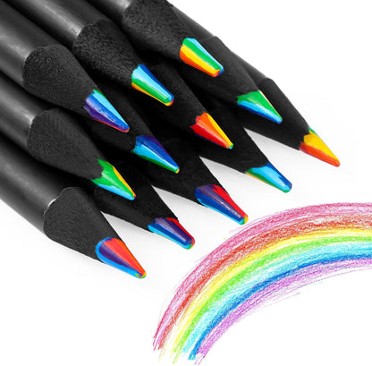 12 Pcs Rainbow Pencils with Sharpener, 7 Color in 1, Black Wooden, Art Supplies for Kids & Adults, Birthday Pencils