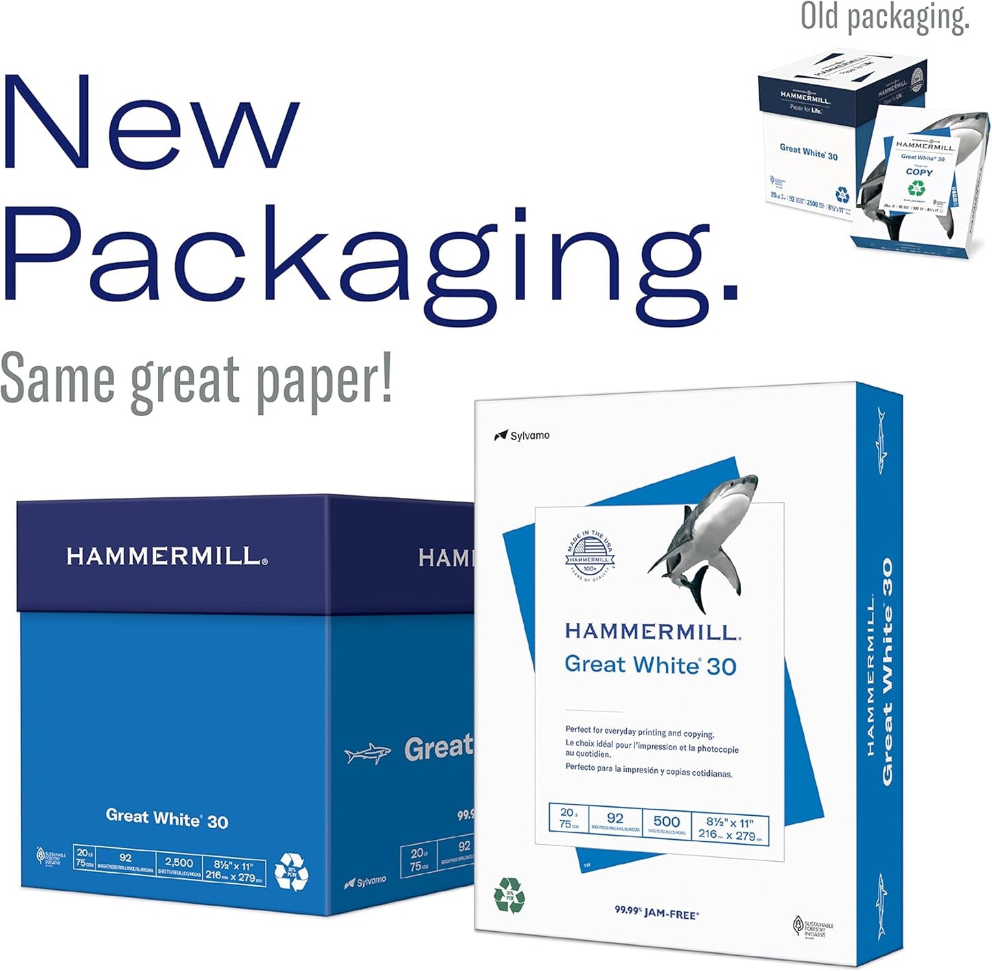 Hammermill Printer Paper, Great White 30% Recycled Paper, 8.5 x 11 - 3 Ream (1,500 Sheets) - 92 Bright, Made in the USA