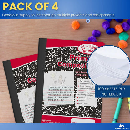 1InTheOffice Primary Composition Notebook K-2, Primary Journal, Kindergarten Notebook, 7.5" x 9.75", 100/Sheets, Red/Black Marble, 4 Pack