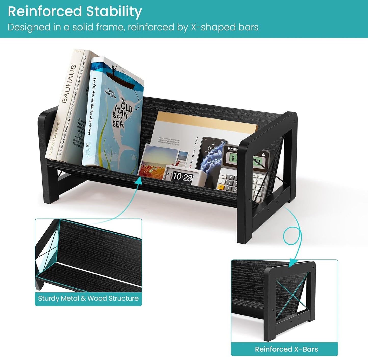 ELITEROO Desktop Bookshelf Organizer, Wood Slanted Desk Bookshelf, Small Tabletop Book Rack, Portable Mini Bookcase for Book Display, Cookbooks, Kids Reading, Office & Home Storage, Rustic Brown