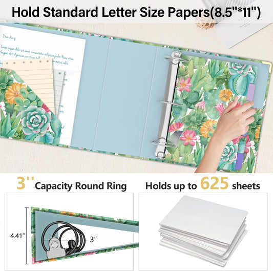 3 Ring Binder 3 Inch, Cute Round Ring Binder with 6 Tab Dividers & Label Stickers, Low Profile Clipboard with Storage, Fashion Binder for School Office Supplies (Garden Flowers)