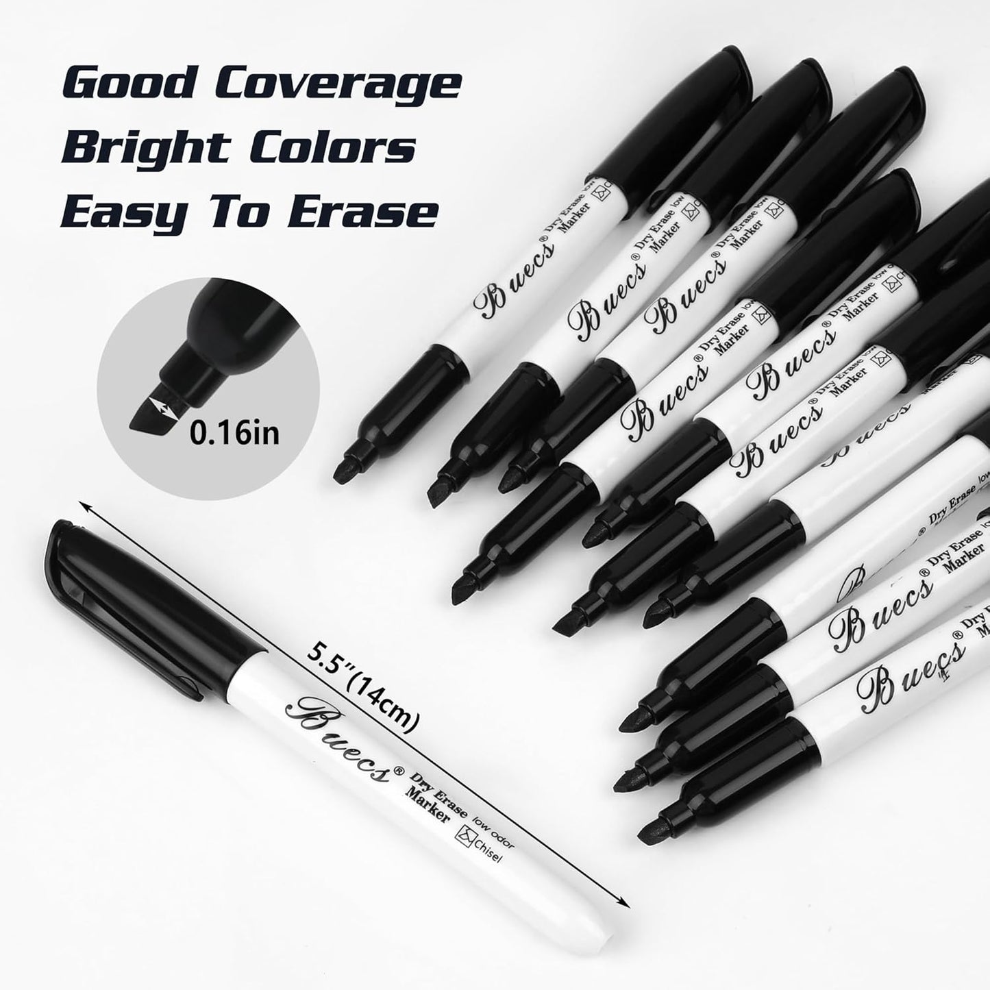 Buecs Black Dry Erase Markers, Low-Odor, 150 Count, Chisel tip, Perfect for Writing on Whiteboards, Dry-Erase Boards, Glass, School Office Supplies