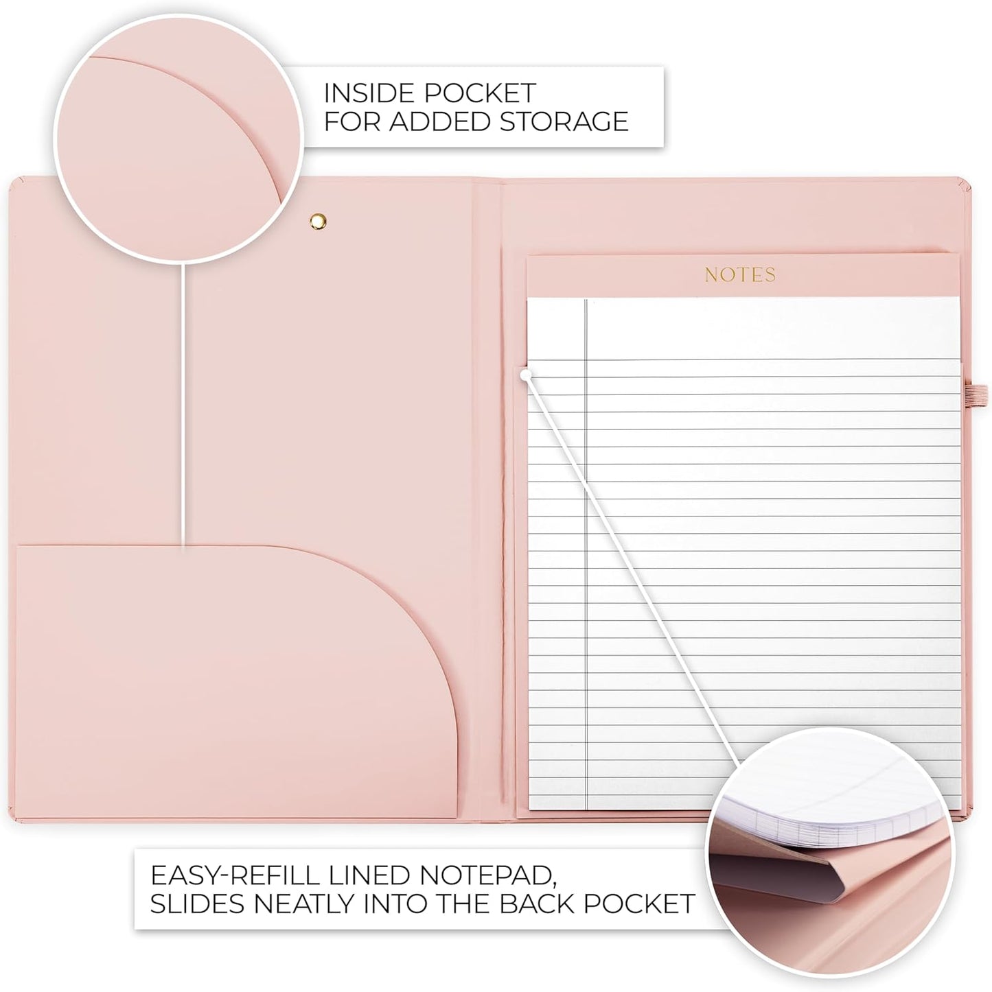 Aesthetic Clipboard Folio with Refillable Lined Notepad & Interior Pocket – Cute Padfolio/Legal Pad Holder for Women – Easily Organize Notes at Work, School, or Home