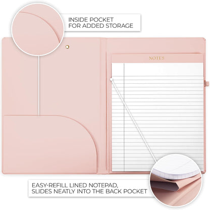 Aesthetic Clipboard Folio with Refillable Lined Notepad & Interior Pocket – Cute Padfolio/Legal Pad Holder for Women – Easily Organize Notes at Work, School, or Home