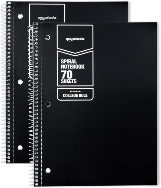Amazon Basics Wide-Ruled Spiral Notebooks, 8" x 10-1/2", 70 Sheets, Black, 2-Pack
