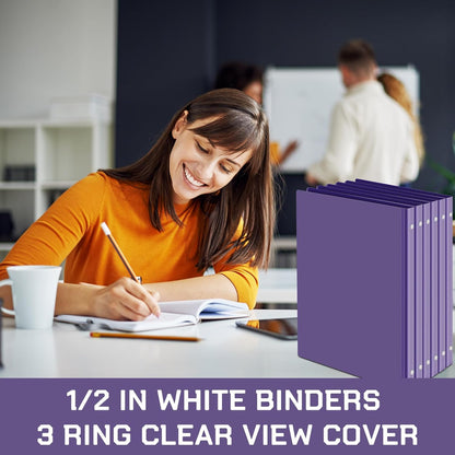 Fulmoon 12 Pcs Economy View 3 Ring Plastic Binder 12.2 x 9.8 Inch Plastic Round Ring Binders with Pockets Notebinder for Meetings for Home, Office, School(White, 1/2 Inch)