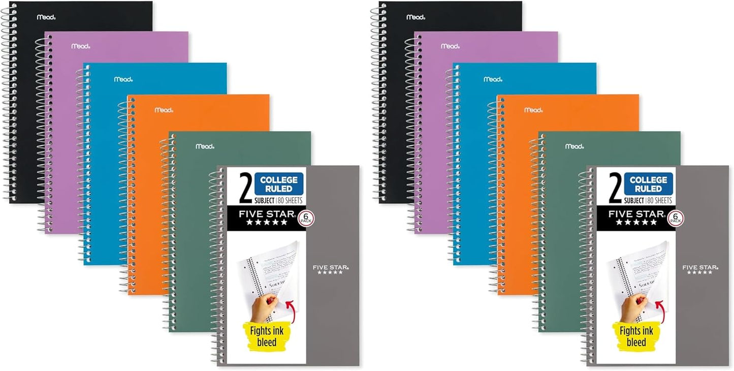 Five Star Spiral Notebooks, 6 Pack, 2 Subject, College Ruled, 9 1/2" x 6", 80 Sheets, Amethyst Purple, Sedona Orange, Seaglass Green, Tidewater Blue, Gray and Black (840029A-ECM)
