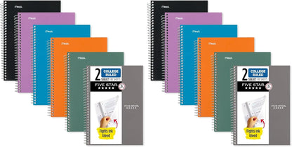 Five Star Spiral Notebooks, 6 Pack, 2 Subject, College Ruled, 9 1/2" x 6", 80 Sheets, Amethyst Purple, Sedona Orange, Seaglass Green, Tidewater Blue, Gray and Black (840029A-ECM)