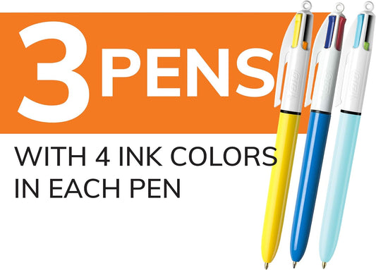 BIC 4-Color Original Retractable Ballpoint Pen with 1.0 mm Medium Point, 3-Count in Assorted Ink