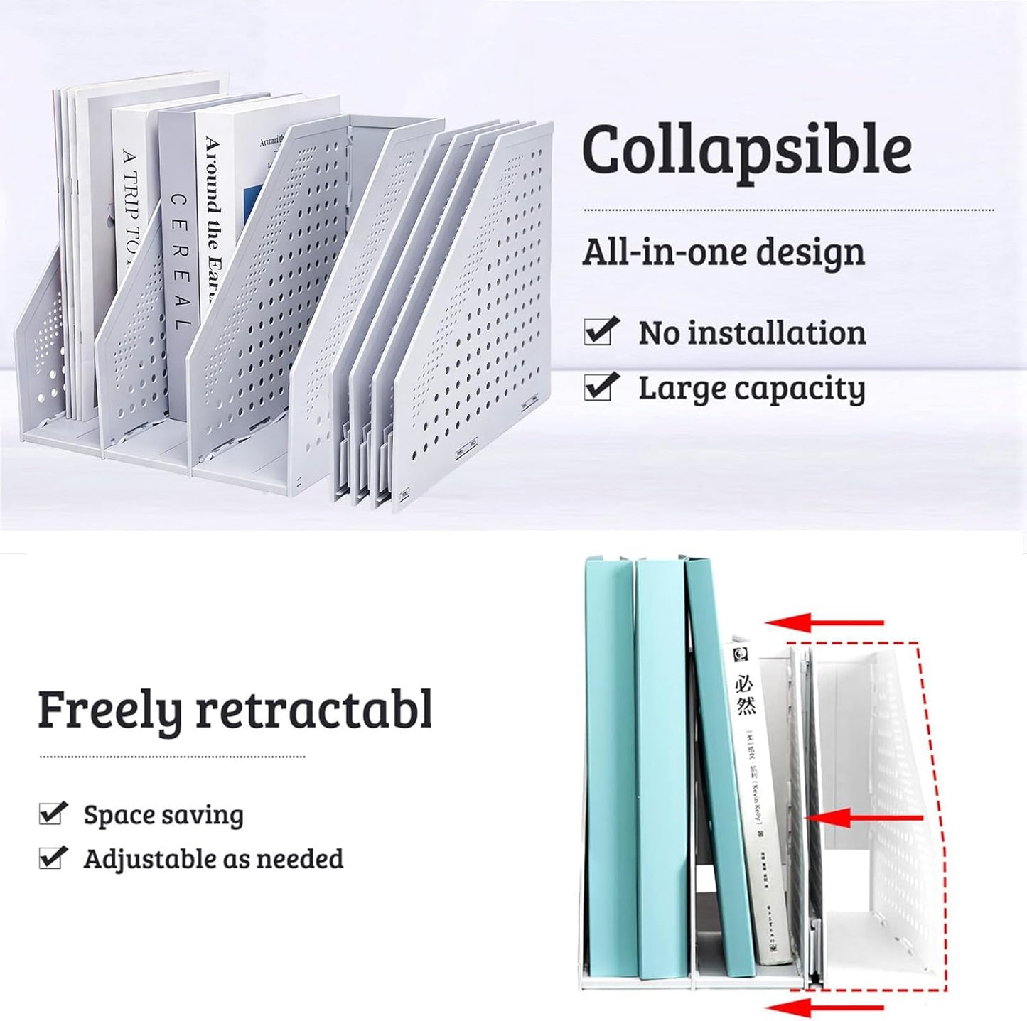 Marte Vanci Collapsible Magazine File Holder with 4 Vertical Compartments, Binder Holder for Desk, Desktop Binder Organizer for Notebook, Documents, Book, School Office Supplies(Light Gray)