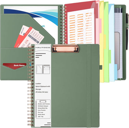 HAUTOCO Spiral Leather Clipboard Folio with Notepad (8.5 x 11''), 5 Folders with 10 Pockets, Storage Zipper Pouch, Pen Loop, 39 Stickers, Padfolio Organizer for Work School, Pink