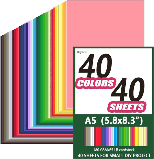 40 Assorted Colored Cardstock, 40 Sheets A5 Construction Paper Card Stock Printer Paper for Printing, Crafting, Scrapbooking, Card Making, Arts&Crafts, School Supplies, Party Decoration (180GSM/65LB)