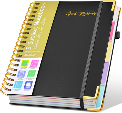 Hardcover Large Spiral Notebook 8.5" x 11" with Removable Dividers Tabs, 300 pages Leather 5 Subject Notebook College Ruled, A4 Journal for Women Men, Notebooks for Work School Note taking,Black