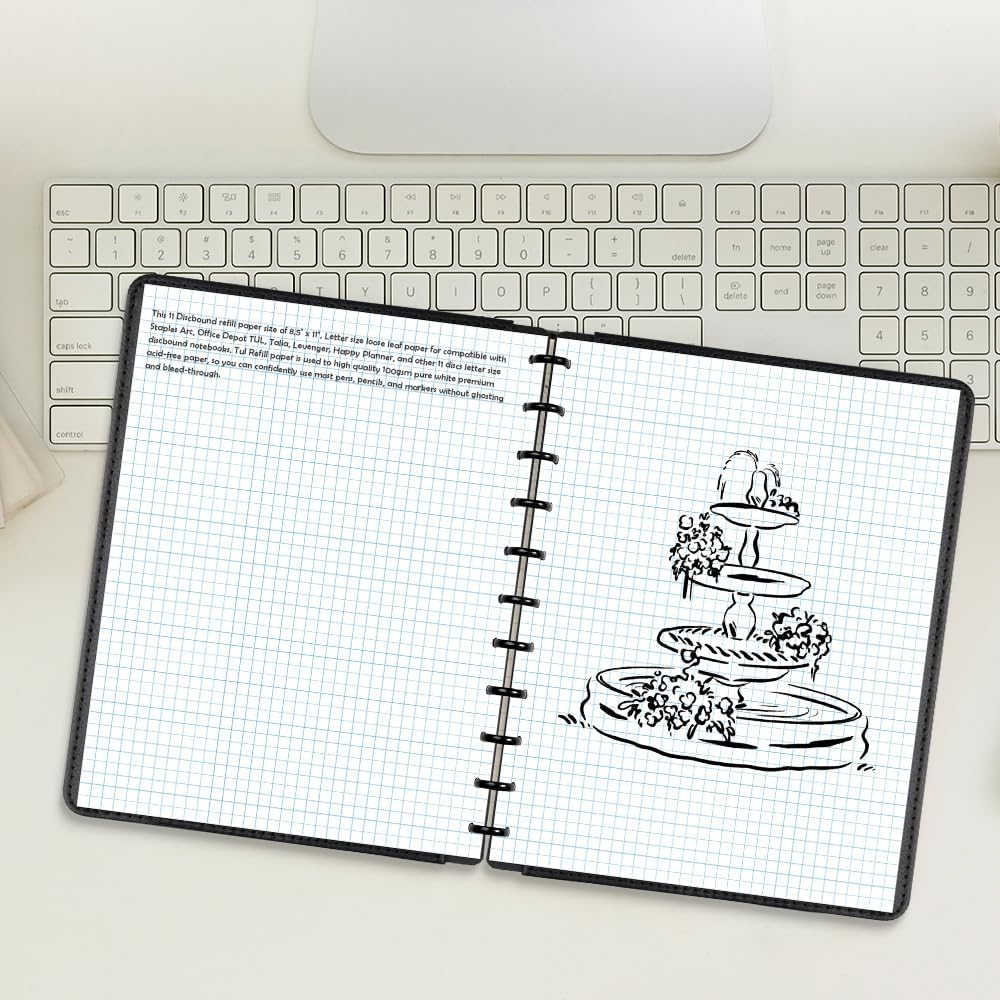 A4 TUL Discbound Grid Filler Paper - 11 Disc Graph Paper, Letter Size 100Sheets / 200Pages Loose-Leaf Paper, 100gsm White Paper, 8.5'' x 11''