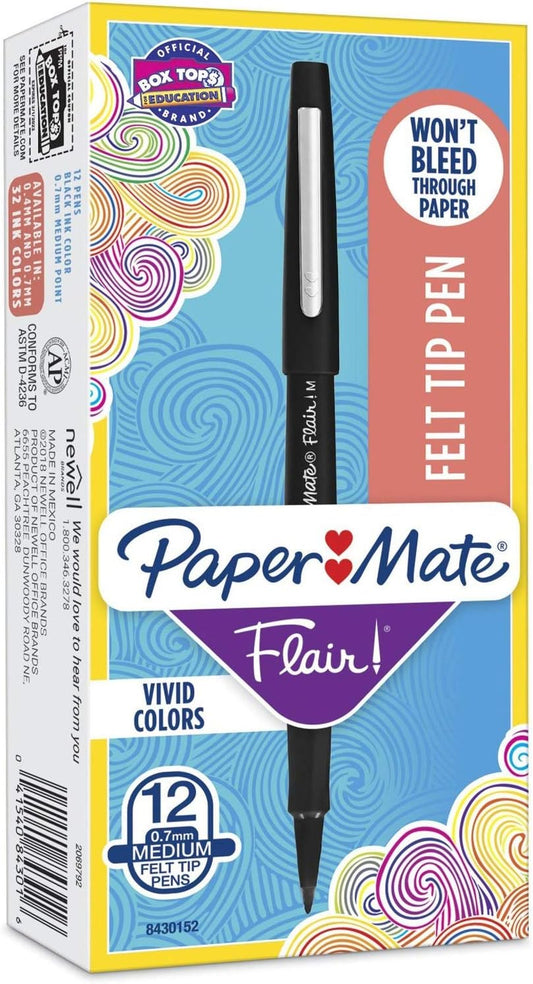 Paper Mate Point Guard Flair Needle Tip Pen, 0.7mm, Black Ink/Barrel, Sold as 1 Dozen