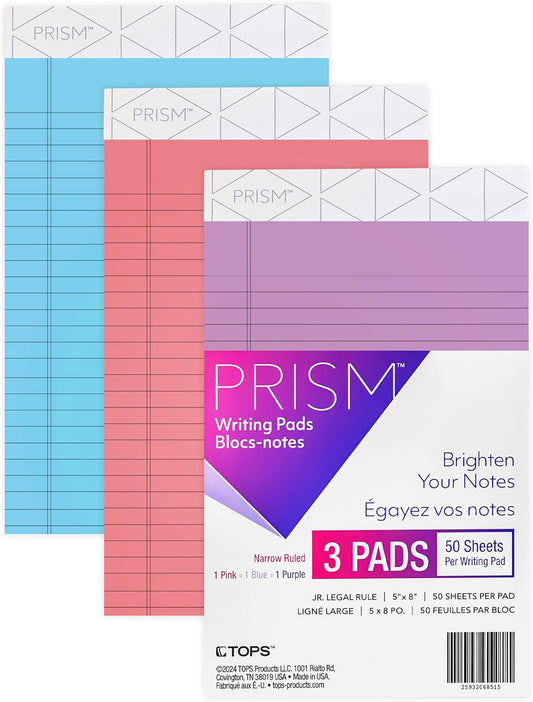 Tops Narrow Ruled Legal Pads 5x8 - Pack of Purple, Blue and Pink Legal Pads - 50 Sheet per Notepad - Made in USA