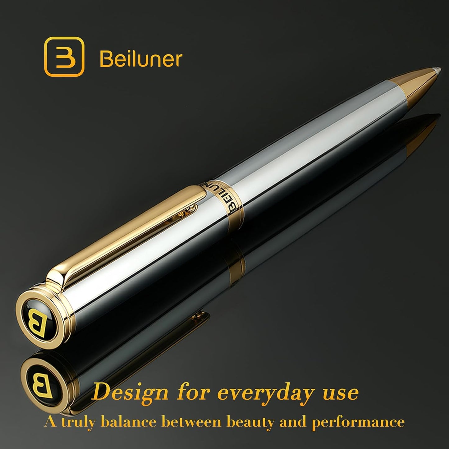 BEILUNER Luxury Gel Pen with 24K Gold Finish, Black Piano Lacquer, Luxury Grade Craftsmanship, Best Pen Gift Set for Men and Women, Professional, Executive, Office, Retractable Nice Pens