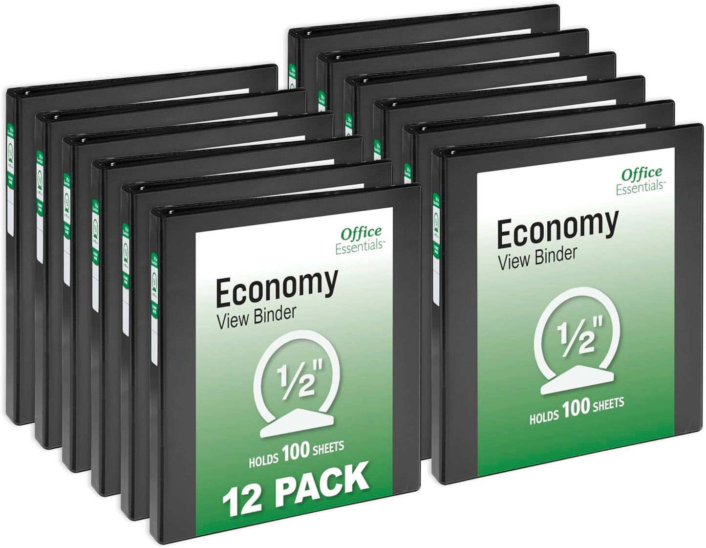 Office Essentials Economy View 3 Ring Binders, 3" Round Rings, 3.5" Spine, 460-Sheet Capacity, Black Binders (12-Pack of 03431)